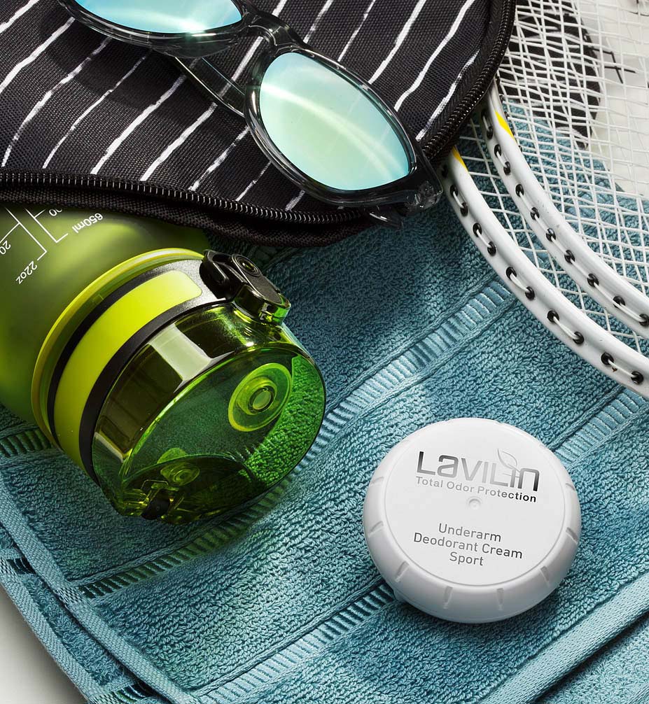 Lavilin deodorant cream for athletes near a sport's bag
